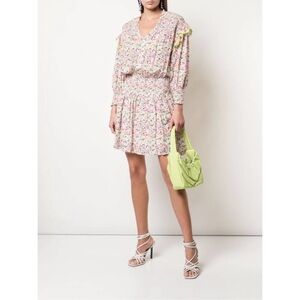 Tanya Taylor Imogen Floral Smocked V-Neck Long Sleeve Mini Dress Confetti Sz M